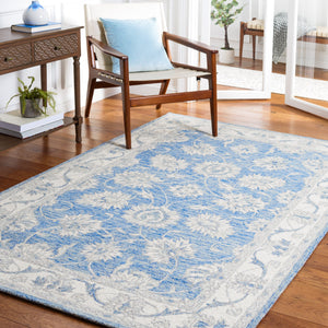 Safavieh Micro-Loop Hand-Tufted Round Wool-Cotton Rug In Blue Ivory Floral Motif, Low Pile, Artisanal Quality 7'-0" x 7'-0" MLP536M-7R