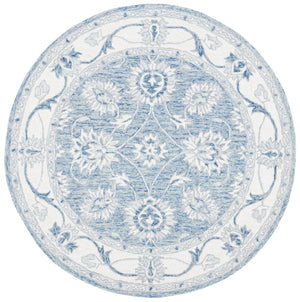 Safavieh Micro-Loop Hand-Tufted Round Wool-Cotton Rug In Blue Ivory Floral Motif, Low Pile, Artisanal Quality 7'-0" x 7'-0" MLP536M-7R