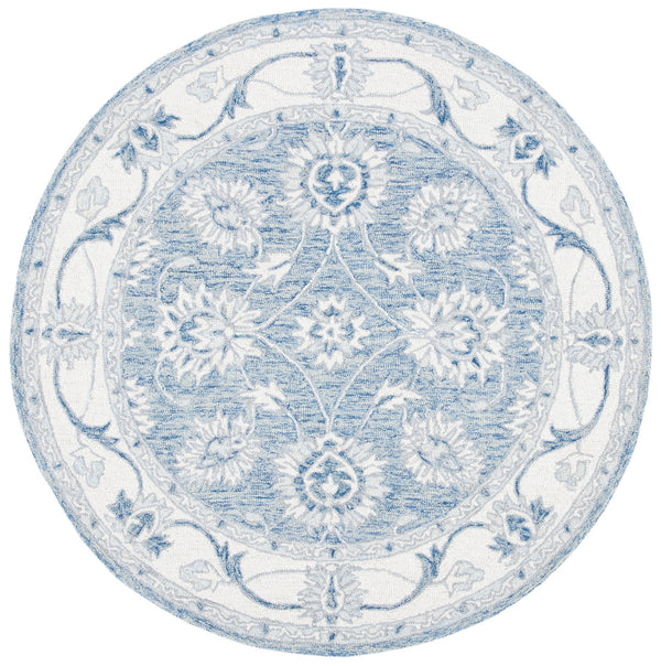 Safavieh Micro-Loop Hand-Tufted Round Wool-Cotton Rug In Blue Ivory Floral Motif, Low Pile, Artisanal Quality 7'-0" x 7'-0" MLP536M-7R