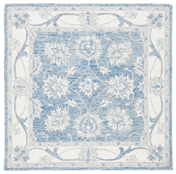 Safavieh Micro-Loop Hand-Tufted Blue Ivory Wool-Cotton Rug Low-Profile Floral Design For Timeless Living Spaces 6'-0" x 9'-0" MLP536M-6