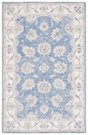 Safavieh Micro-Loop Hand-Tufted Round Wool-Cotton Rug In Blue Ivory Floral Motif, Low Pile, Artisanal Quality 7'-0" x 7'-0" MLP536M-7R