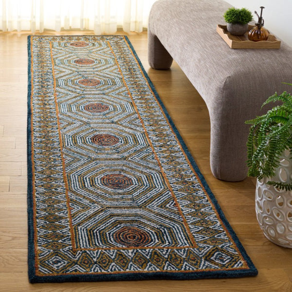 Safavieh Micro-Loop Hand-Tufted Wool Cotton Runner Bohemian Hallway Rug in Ivory Tones Blue 2'-11" x 12'-2" MLP638M
