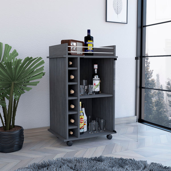 English Elm Dukat Light Oak Bar Cart with Glass Door Cabinet, Two Shelves, Six Bottle Cubbies & Locking Wheels Gray 31.7 L x 20.9 W x 7.2 H B07091849