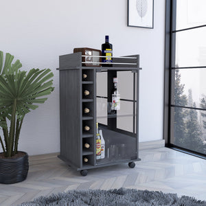 English Elm Dukat Light Oak Bar Cart with Glass Door Cabinet, Two Shelves, Six Bottle Cubbies & Locking Wheels Gray 31.7 L x 20.9 W x 7.2 H B07091849