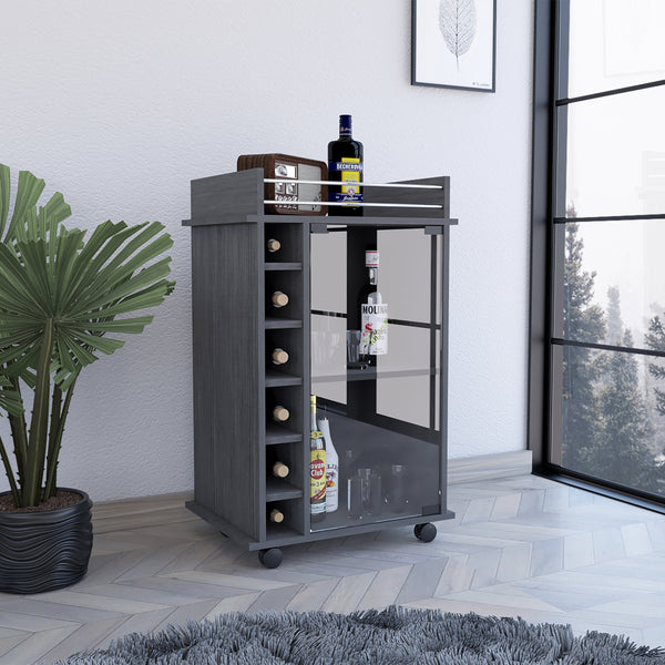 English Elm Dukat Light Oak Bar Cart with Glass Door Cabinet, Two Shelves, Six Bottle Cubbies & Locking Wheels Gray 31.7 L x 20.9 W x 7.2 H B07091849