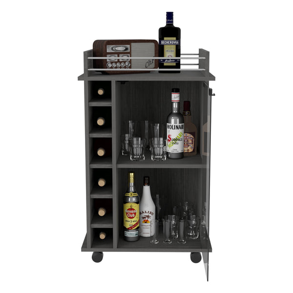 English Elm Dukat Light Oak Bar Cart with Glass Door Cabinet, Two Shelves, Six Bottle Cubbies & Locking Wheels Gray 31.7 L x 20.9 W x 7.2 H B07091849