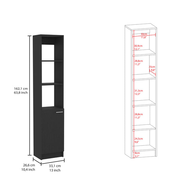 English Elm Malaga Linen Cabinet with Concealed Door and Three Open Shelves, 63" Tall Space-Saving Storage Solution Black 68.1 L x 17.7 W x 3.1 H B20091941