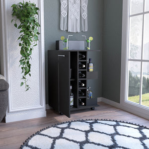 English Elm Bar Cart with Wine Rack Cabinet Open Shelves and Locking Casters for Home Entertaining B20091824