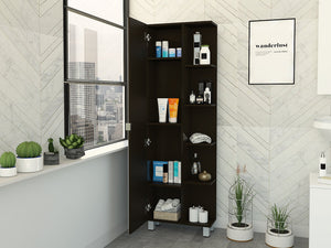 English Elm Urano Linen Cabinet with Mirror and Covered Storage, Four Interior Shelves, Smokey Oak Finish Black 63.4 L x 16.5 W x 6.3 H B07091992