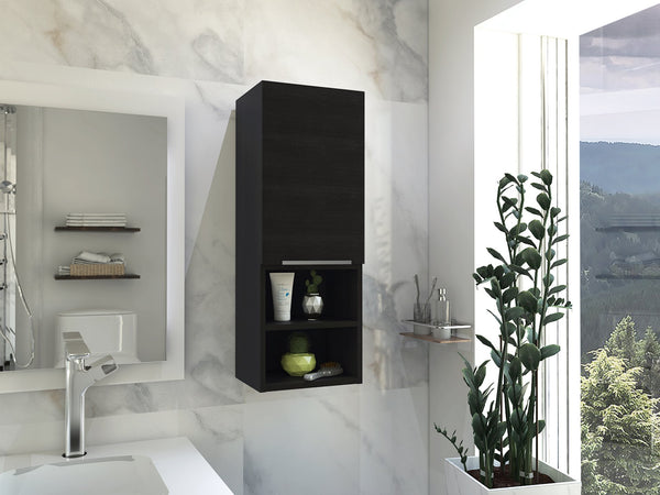 English Elm Mila Smokey Oak Bathroom Wall Cabinet with Two Interior Shelves and Two Open Lower Shelves – Sleek Storage Solution Black 35.8 L x 15.7 W x 5.1 H B20091953