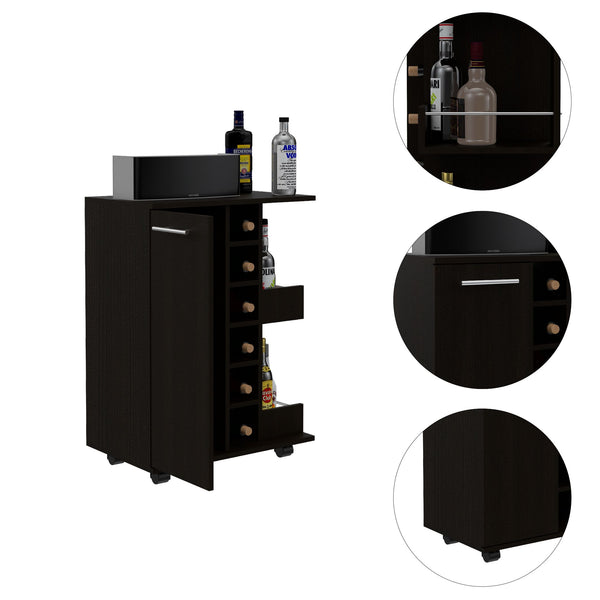 English Elm Bar Cart with Wine Cubbies Open Shelves Locking Casters and Cabinet Storage B07091824