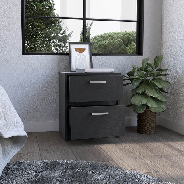 English Elm Nightstand With 2 Drawers And Metal Handles - Sleek Black Design For Modern Bedrooms Or Living Spaces B097132930