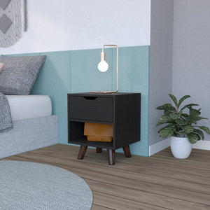 English Elm Modern Nightstand With Spacious Drawer & Open Shelf - Chic Black Design For Minimalist Spaces B097132940
