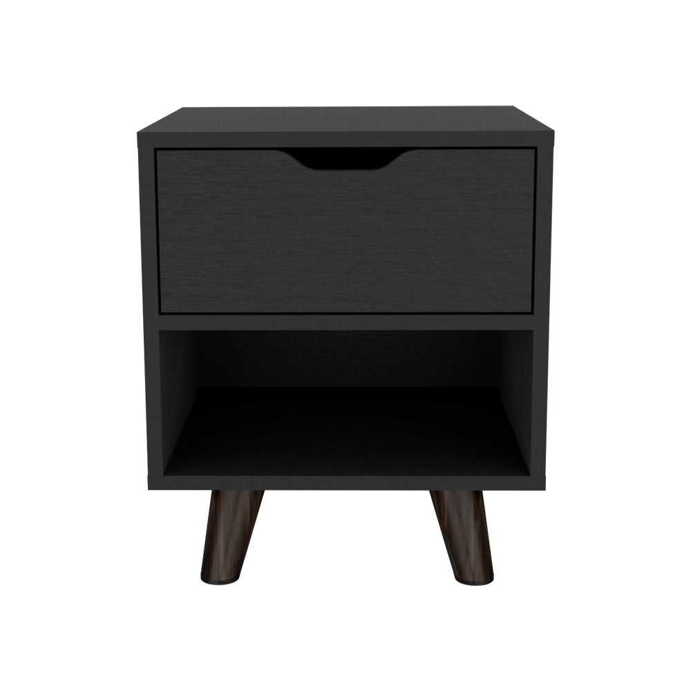 English Elm Modern Nightstand With Spacious Drawer & Open Shelf - Chic Black Design For Minimalist Spaces B097132940