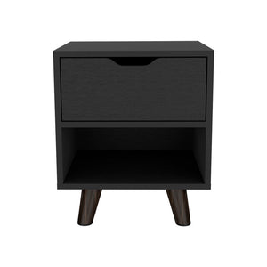 English Elm Modern Nightstand With Spacious Drawer & Open Shelf - Chic Black Design For Minimalist Spaces B097132940