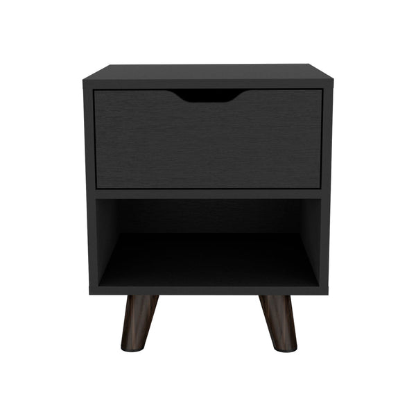 English Elm Modern Nightstand With Spacious Drawer & Open Shelf - Chic Black Design For Minimalist Spaces B097132940