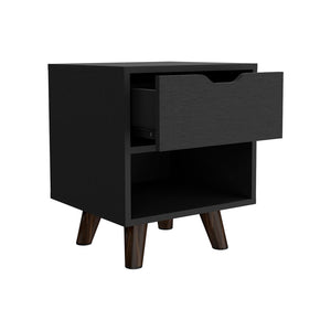 English Elm Modern Nightstand With Spacious Drawer & Open Shelf - Chic Black Design For Minimalist Spaces B097132940