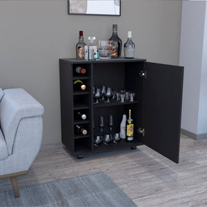 English Elm Bar Coffee Cart 32" H with Six-Bottle Rack, Rolling Cabinet Storage, Single-Door Shelf for Glasses and Snacks Black 33.85 L x 24.4 W x 5.51 H B097133387