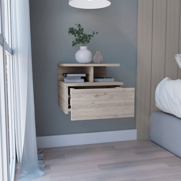 English Elm Floating Nightstand Sleek Wall-Mounted Cement-Look Organizer with Single Drawer and Two Shelves for Compact Bedrooms and Modern Minimalist Spaces Gray 17.71 L x 17.32 W x 3.94 H B097133174