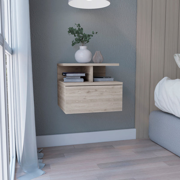 English Elm Floating Nightstand Sleek Wall-Mounted Cement-Look Organizer with Single Drawer and Two Shelves for Compact Bedrooms and Modern Minimalist Spaces Gray 17.71 L x 17.32 W x 3.94 H B097133174