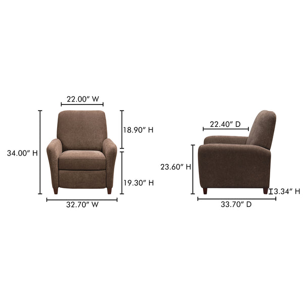 Moe's Home Luna Recliner Chair - Luxurious Top-grain Leather, Manual Push-back Comfort, Elegant Design & Style Brown Upholstery, 100% Polyester,Rubber Wood And Plywood Frame Mm-1000-03