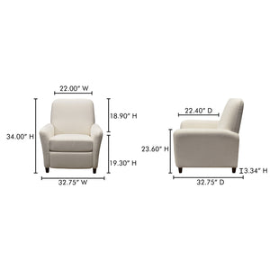 Moe's Home Luna Recliner Chair - Luxurious Top-grain Leather, Manual Push-back Comfort, Elegant Design & Style White Upholstery, 100% Polyester,Rubber Wood And Plywood Frame Mm-1000-18