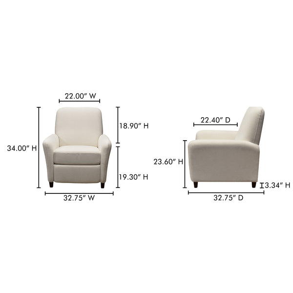 Moe's Home Luna Recliner Chair - Luxurious Top-grain Leather, Manual Push-back Comfort, Elegant Design & Style White Upholstery, 100% Polyester,Rubber Wood And Plywood Frame Mm-1000-18