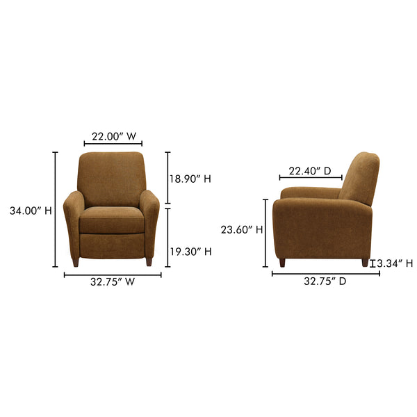 Moe's Home Luna Recliner Chair - Luxurious Top-grain Leather, Manual Push-back Comfort, Elegant Design & Style Brown Upholstery, 100% Polyester,Rubber Wood And Plywood Frame Mm-1000-20
