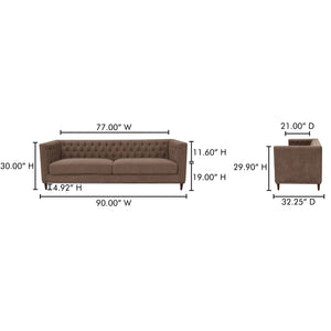 Moe's Home Fielder Sofa - Elegant Top-grain Leather Design With Modern Walnut Base And Timeless Tufted Details Brown Upholstery, 100% Polyester,Rubber Wood And Plywood Frame Mm-1003-03