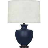 Robert Abbey Matte Midnight Blue Michael Berman Atlas Table Lamp Matte Midnight Blue Glazed Ceramic and Deep Patina Bronze Accents Oyster Linen Shade