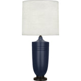 Robert Abbey Matte Midnight Blue Michael Berman Hadrian Table Lamp Matte Midnight Blue Glazed Ceramic and Deep Patina Bronze Accents Oyster Linen Shade