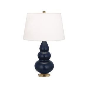 Robert Abbey Matte Midnight Blue Small Triple Gourd Accent Lamp Matte Midnight Blue Glazed Ceramic with Antique Brass Finished Accents Pearl Dupioni Fabric Shade