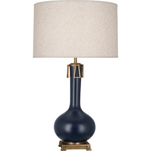 Robert Abbey Matte Midnight Blue Athena Table Lamp Matte Midnight Blue Glazed Ceramic with Aged Brass Accents Open Weave Heather Linen Shade