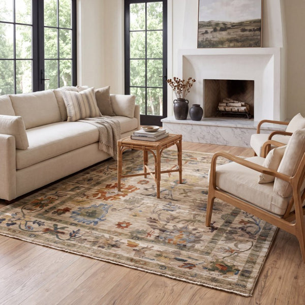 Oriental Weavers Monaco Oushak Folk Art Indoor Runner Rug with Distressed Jewel-Toned Polyester Pile Beige 9'10" x 12'10" MMNC10300387ST
