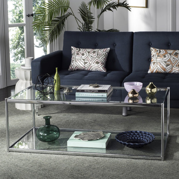Safavieh Zola Glass Coffee Table - Bauhaus Modernist Design With Double-Tier Shelving For Stylish Living Spaces Chrome MMT6000A