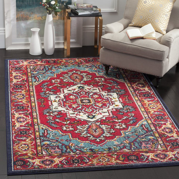 Safavieh Monaco 4' Round Area Rug - Elegant Red/Turquoise Design, Slip-resistant, Oeko-tex Certified Quality Red ,Turquoise 57% Polypropylene,30% Cotton,13% Polyester Mnc207c-4r