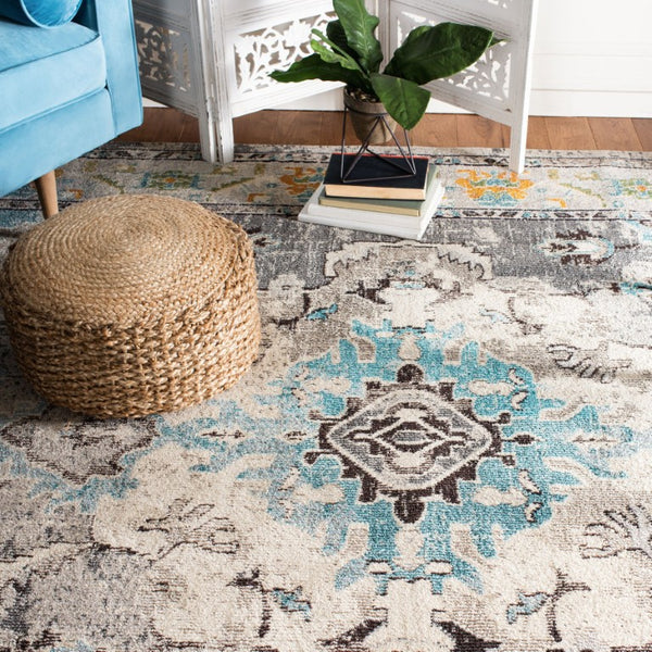 Safavieh Monaco Medallion Round Rug Power Loomed Polypropylene for Entryway or Reading Nook Grey Light Blue 4' Square MNC243G-4SQ