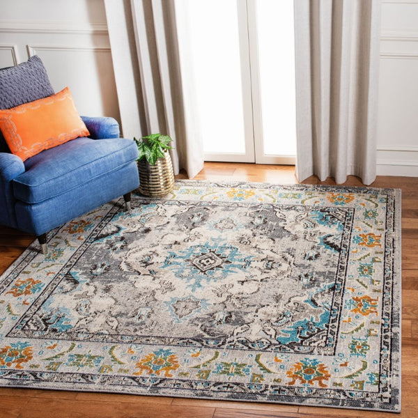 Safavieh Monaco Medallion Round Rug Power Loomed Polypropylene for Entryway or Reading Nook Grey Light Blue 4' Square MNC243G-4SQ