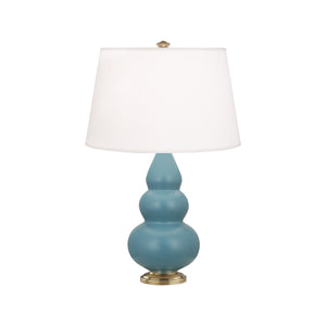 Robert Abbey Matte Steel Blue Small Triple Gourd Accent Lamp Matte Steel Blue Glazed Ceramic with Antique Brass Finished Accents Pearl Dupioni Fabric Shade