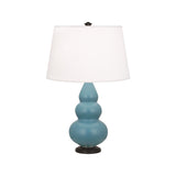 Robert Abbey Matte Steel Blue Small Triple Gourd Accent Lamp Matte Steel Blue Glazed Ceramic with Deep Patina Bronze Finished Accents Pearl Dupioni Fabric Shade