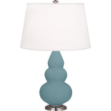 Robert Abbey Matte Steel Blue Small Triple Gourd Accent Lamp Matte Steel Blue Glazed Ceramic with Antique Silver Finished Accents Pearl Dupioni Fabric Shade