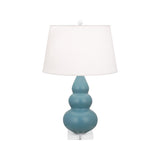 Robert Abbey Matte Steel Blue Small Triple Gourd Accent Lamp Matte Steel Blue Glazed Ceramic with Lucite Base Pearl Dupioni Fabric Shade