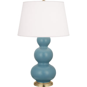 Robert Abbey Matte Steel Blue Triple Gourd Table Lamp Matte Steel Blue Glazed Ceramic with Antique Brass Finished Accents Pearl Dupioni Fabric Shade