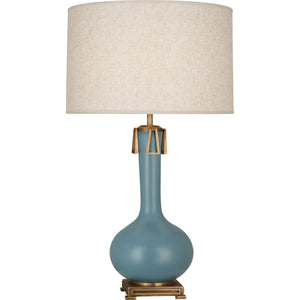 Robert Abbey Matte Steel Blue Athena Table Lamp Matte Steel Blue Glazed Ceramic with Aged Brass Accents Open Weave Heather Linen Shade