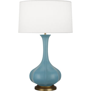 Robert Abbey Matte Steel Blue Pike Table Lamp Matte Steel Blue Glazed Ceramic with Aged Brass Accents Pearl Dupoini Fabric Shade