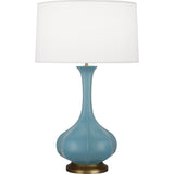 Robert Abbey Matte Steel Blue Pike Table Lamp Matte Steel Blue Glazed Ceramic with Aged Brass Accents Pearl Dupoini Fabric Shade