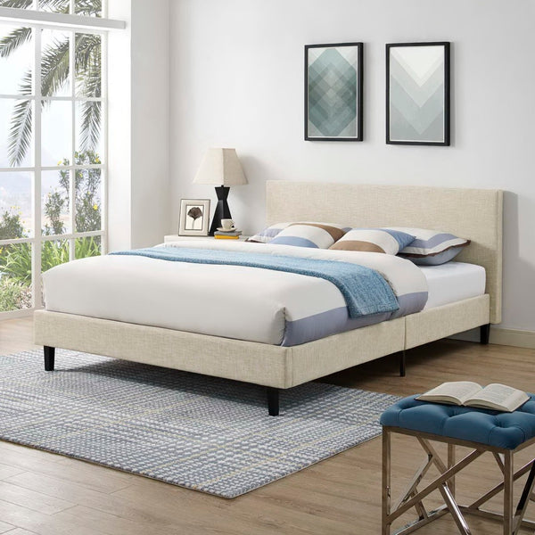Modway Furniture Anya Platform Bed - Modern Mid-Century Design with Sturdy Construction and Luxurious Upholstery Beige MOD-5420-BEI