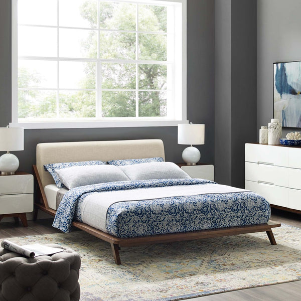 Modway Furniture Luella Upholstered Queen Platform Bed - Mid-Century Modern Design with Solid Wood Frame & Support MOD-6047-WAL-BEI