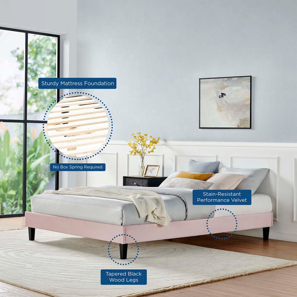 Modway Furniture Reign Performance Velvet Queen Platform Bed Frame - Modern Deco Glamour with Sturdy Support Pink MOD-6266-PNK