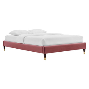 Modway Furniture Harlow Performance Velvet Queen Platform Bed Frame - Glam Deco Design with Gold Accents and Stain-Resistant Upholstery Dusty Rose MOD-6270-DUS